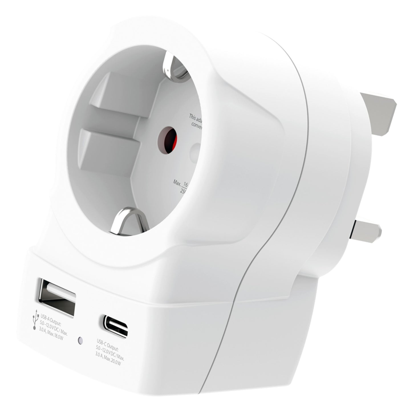 Skross rejseadapter Europa til UK USB AC20PD med europæisk stik, australske ben, USB-A/C port og 20W PD hurtigopladning.
