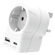 Skross rejseadapter Europa til UK USB AC20PD med europæisk stik, australske ben, USB-A/C port og 20W PD hurtigopladning.