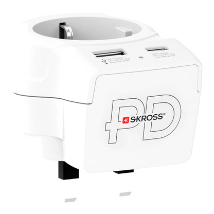 SKROSS rejseadapter Europa til UK USB AC20PD med USB og USB-C 20W PD port, SKROSS logo og udtrækkelige ben.