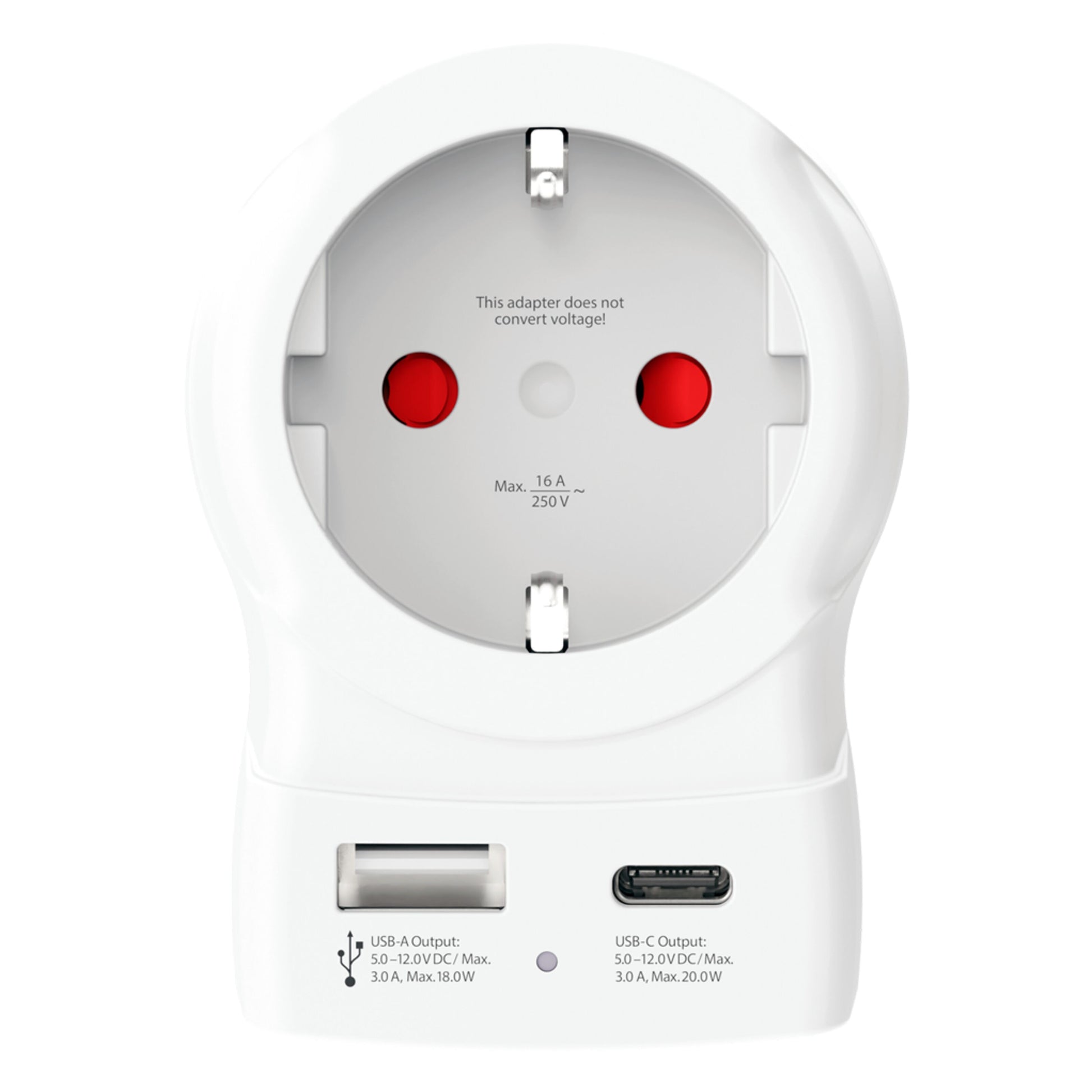 Rejseadapter Europa til UK USB AC20PD, rund EU-stik, USB-A og 20W PD USB-C port med mærkede spænding/strøm.