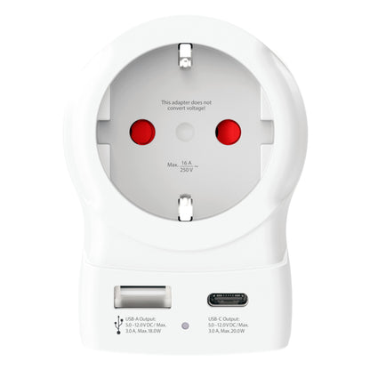 Rejseadapter Europa til UK USB AC20PD, rund EU-stik, USB-A og 20W PD USB-C port med mærkede spænding/strøm.