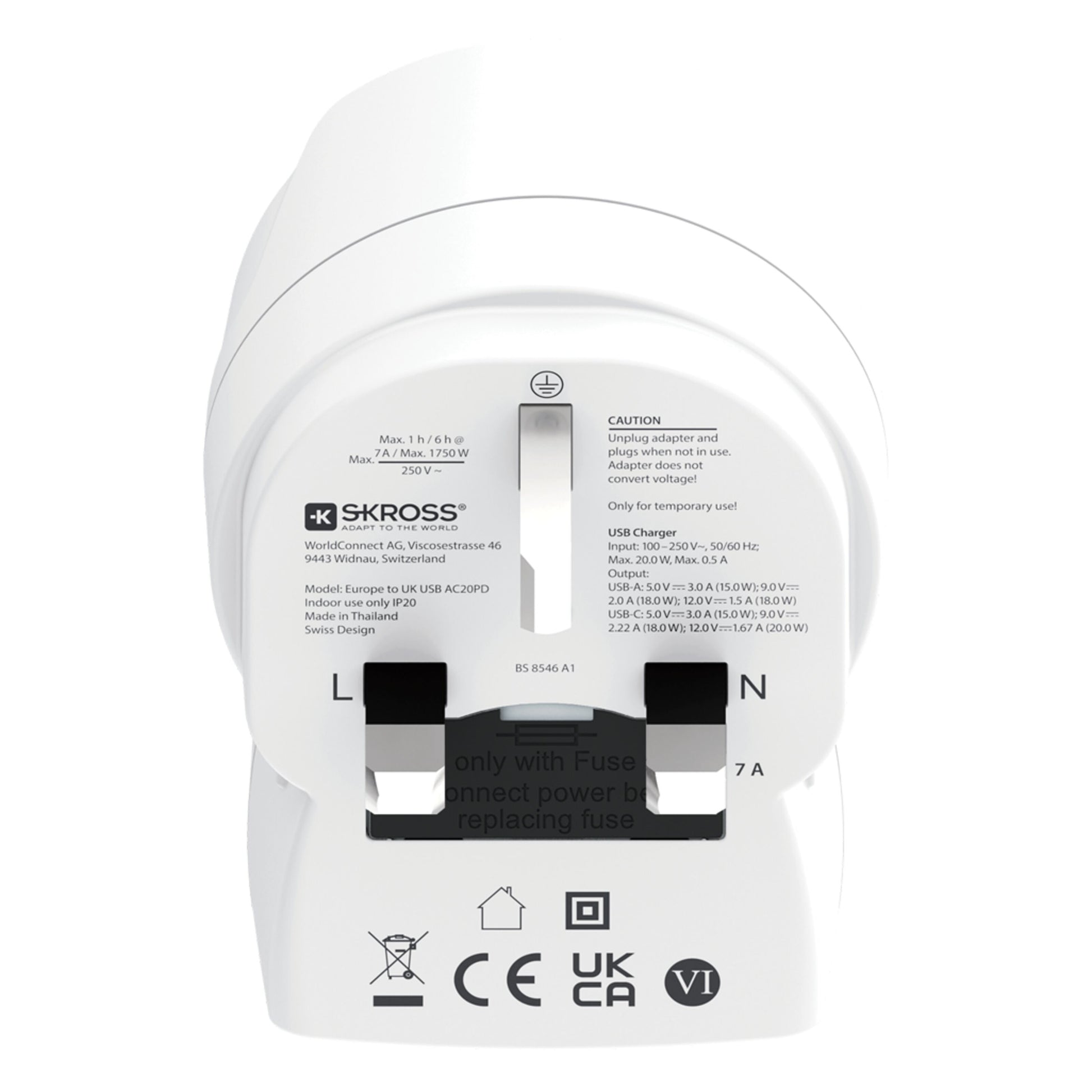 Skross rejseadapter Europa til UK USB AC20PD, USB-C 20W PD, spændings- og strømgrænser, stik, el-specs, advarsler, certifikater.