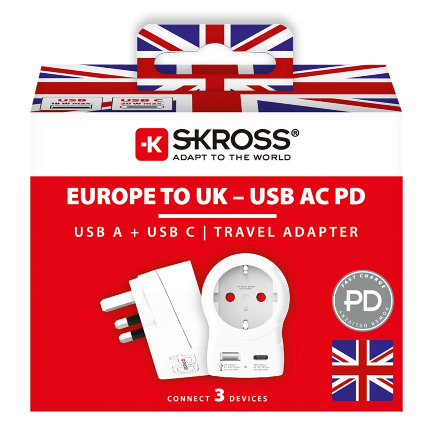 Rejseadapter Europa til UK USB AC20PD, rektangulær æske med UK-flag, USB-A og 20W USB-C PD port, tekst: Europa til UK.
