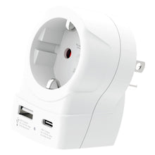 Skross rejseadapter Europa til USA USB AC20PD, hvid, strømstik, USB-A og USB-C PD-port på fronten.