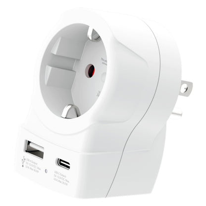 Skross rejseadapter Europa til USA USB AC20PD, hvid, strømstik, USB-A og USB-C PD-port på fronten.
