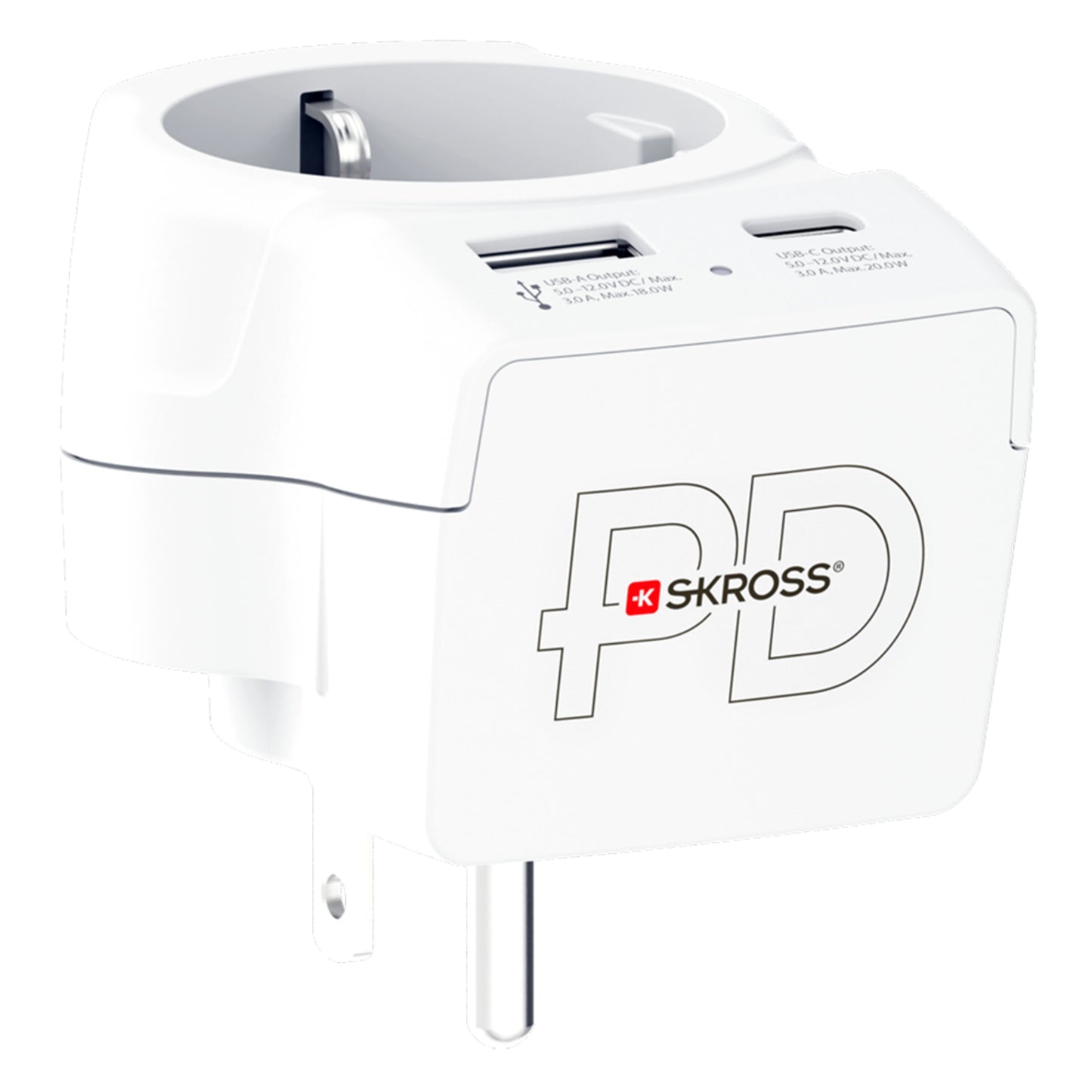 Skross rejseadapter Europa til USA USB AC20PD med europæisk stik, USB-A, USB-C port og Skross-logo.
