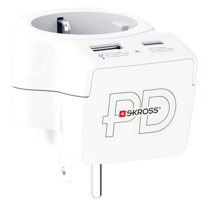 Skross rejseadapter Europa til USA USB AC20PD med europæisk stik, USB-A, USB-C port og Skross-logo.