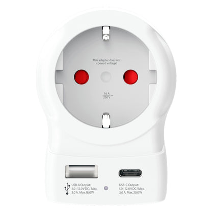 Skross rejseadapter Europa til USA USB AC20PD med Schuko-stik, USB-C PD 20W, USB-A 18W, konverterer ikke spænding.