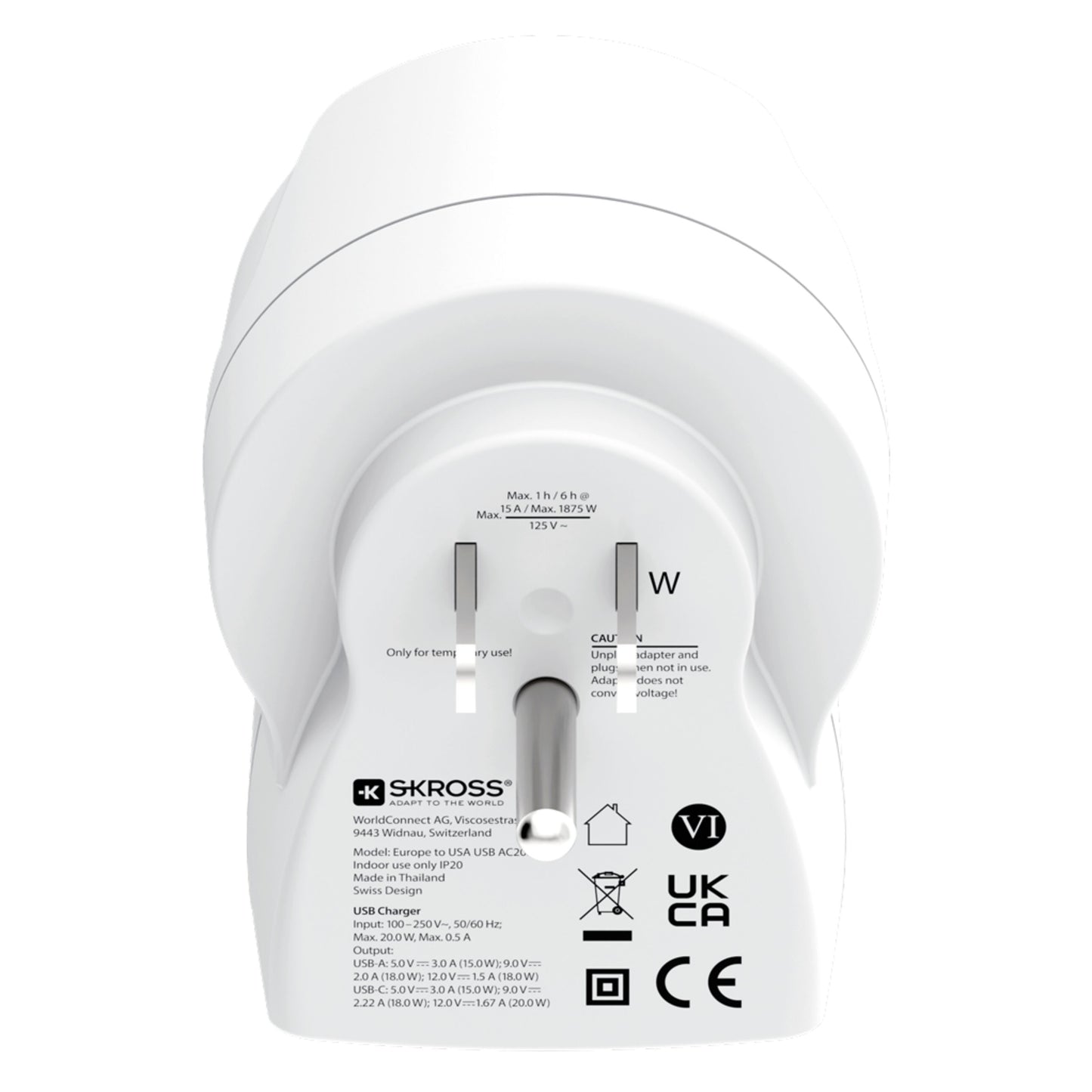 Skross rejseadapter Europa til USA USB AC20PD med synlige stikben, sikkerhedsmærker og brugervejledning på adapteren.