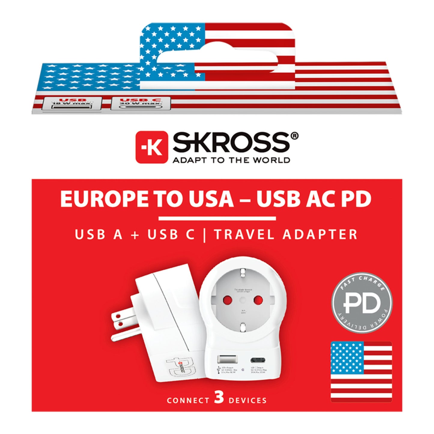 Skross rejseadapter Europa til USA USB AC20PD, USB-A og USB-C PD opladning, amerikansk flag, oplader 3 enheder.