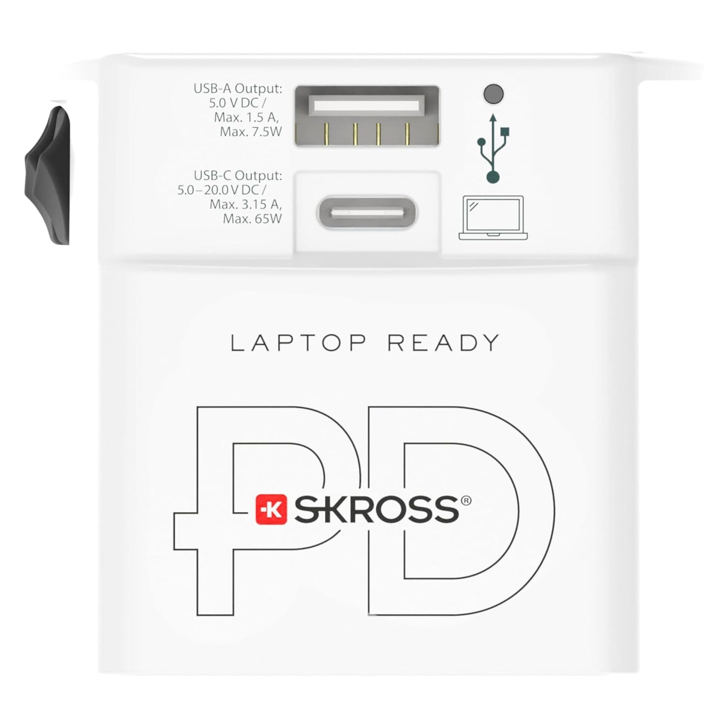 Skross Universal Ujordet rejseadapter USB PD 65W med USB-A, USB-C (Laptop Ready/PD), sideskifter til stikvalg.