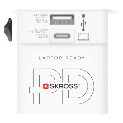 Skross Universal Ujordet rejseadapter USB PD 65W med USB-A, USB-C (Laptop Ready/PD), sideskifter til stikvalg.