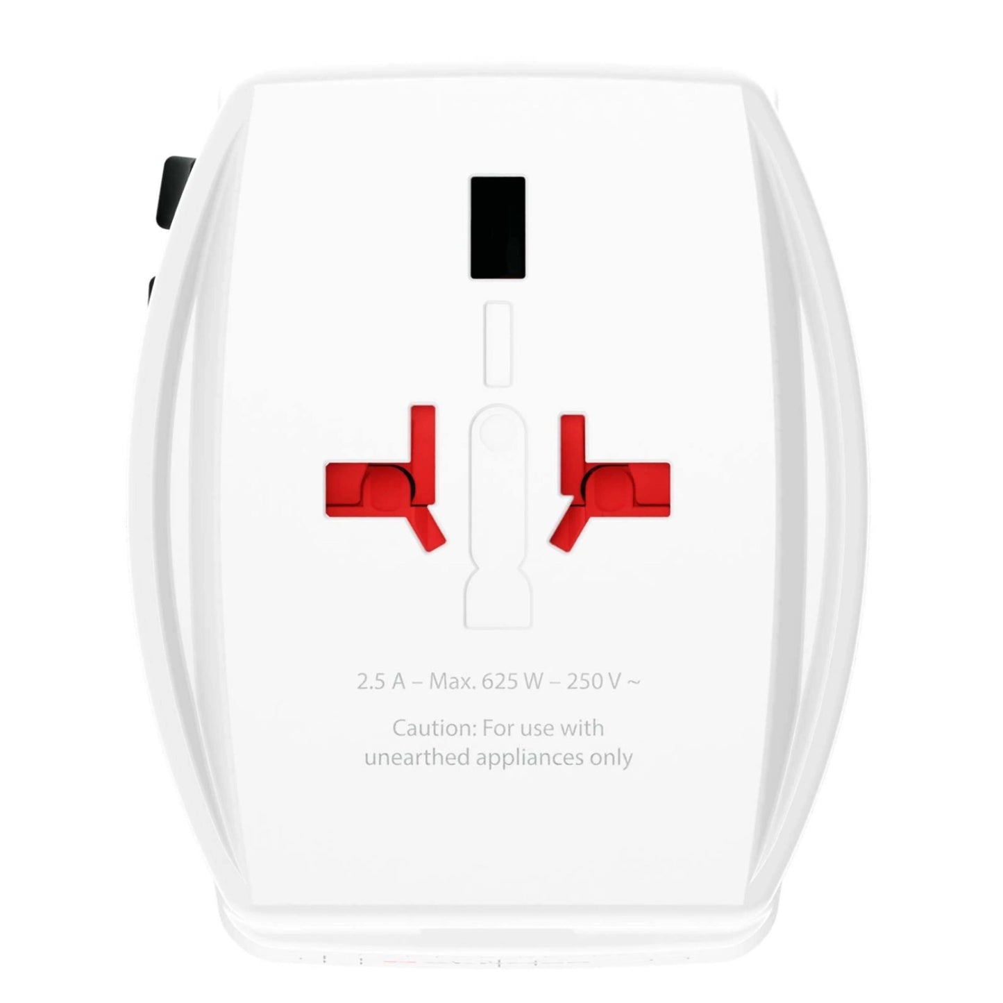 Skross Universal ujordet rejseadapter med USB PD 65W, røde sikkerhedslåger, flere stiktyper, 2,5A, 625W, 250V~.