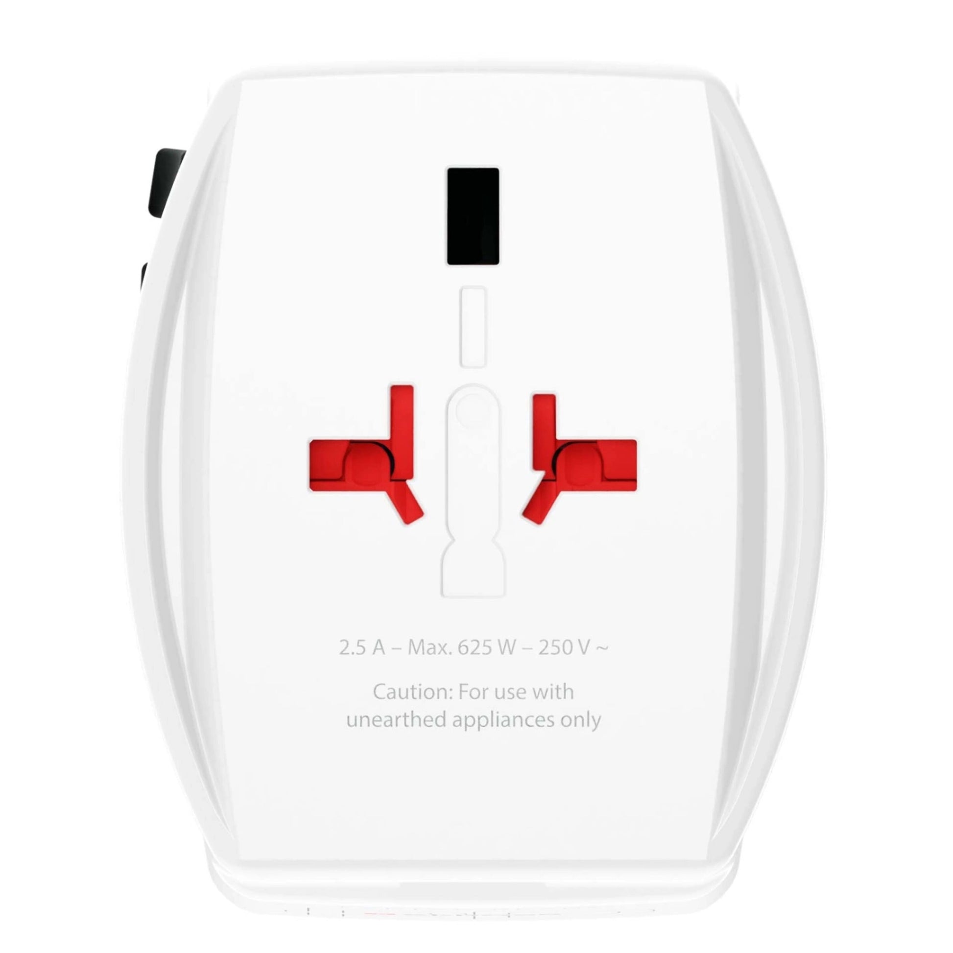 Skross Universal ujordet rejseadapter med USB PD 65W, røde sikkerhedslåger, flere stiktyper, 2,5A, 625W, 250V~.