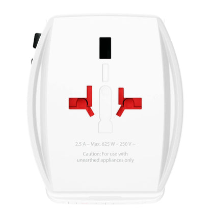 Skross Universal ujordet rejseadapter med USB PD 65W, røde sikkerhedslåger, flere stiktyper, 2,5A, 625W, 250V~.