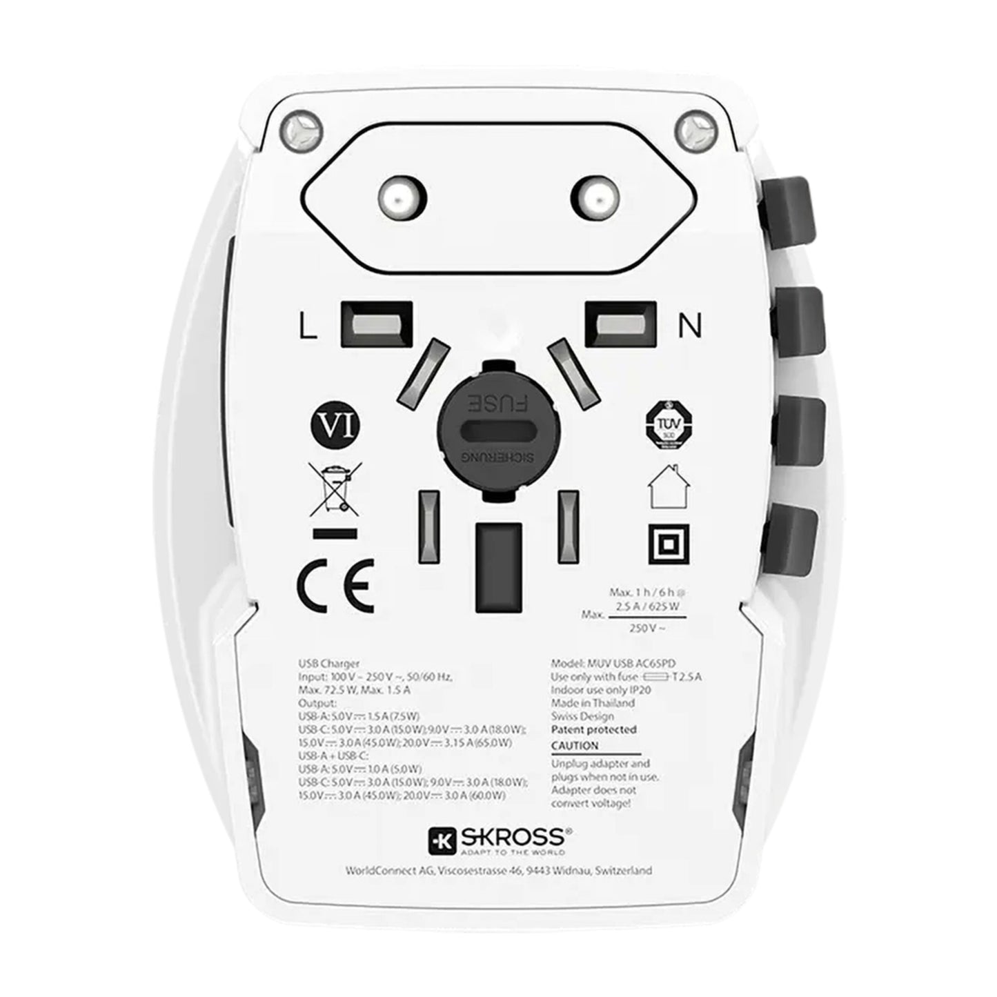 Skross ujordet rejseadapter Universal med USB PD 65W, flere stikindgange, certifikatsymboler og Skross-logo bagpå.