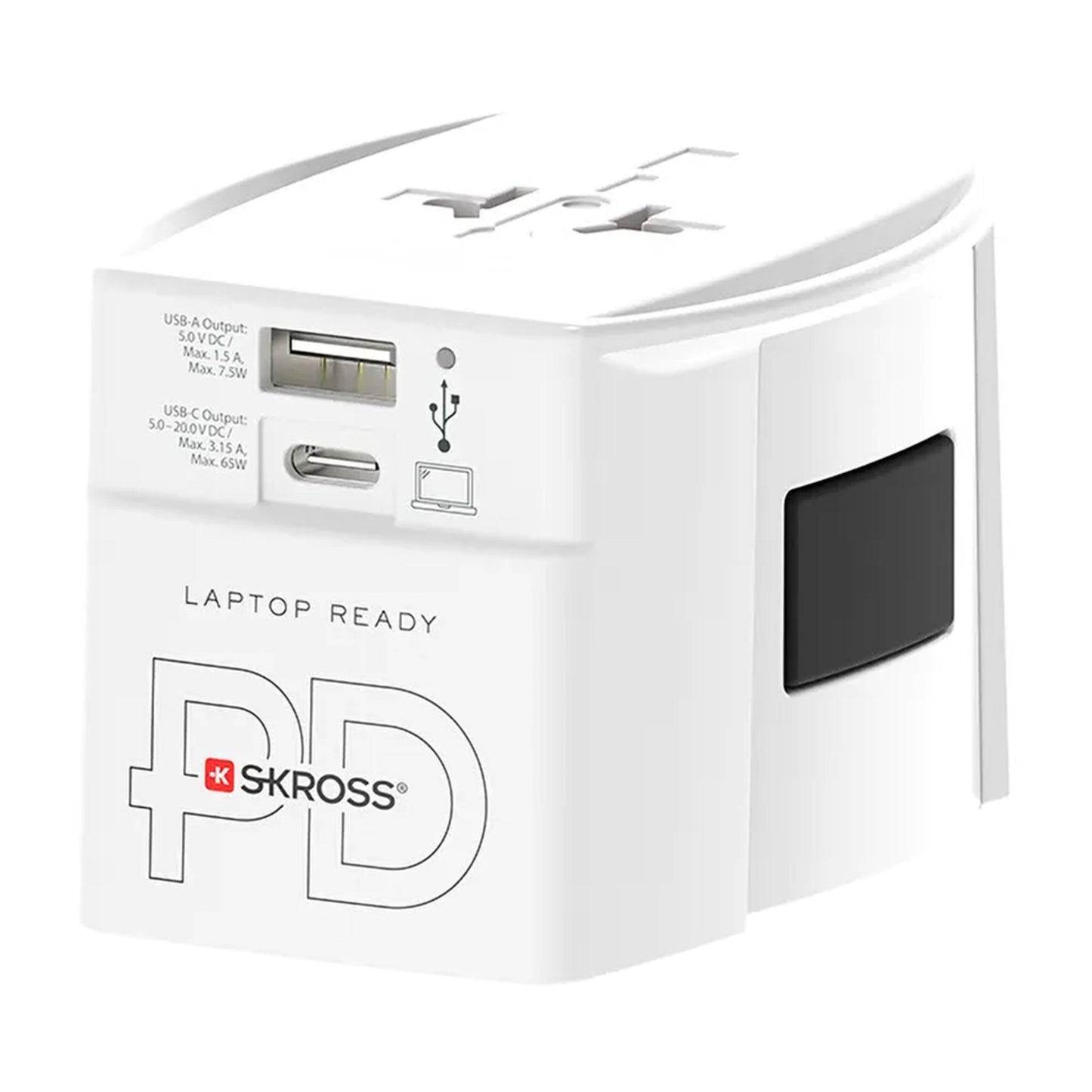 Skross Universal ujordet rejseadapter med USB-A, USB-C, udtrækkeligt stik og op til 65W PD-opladning.
