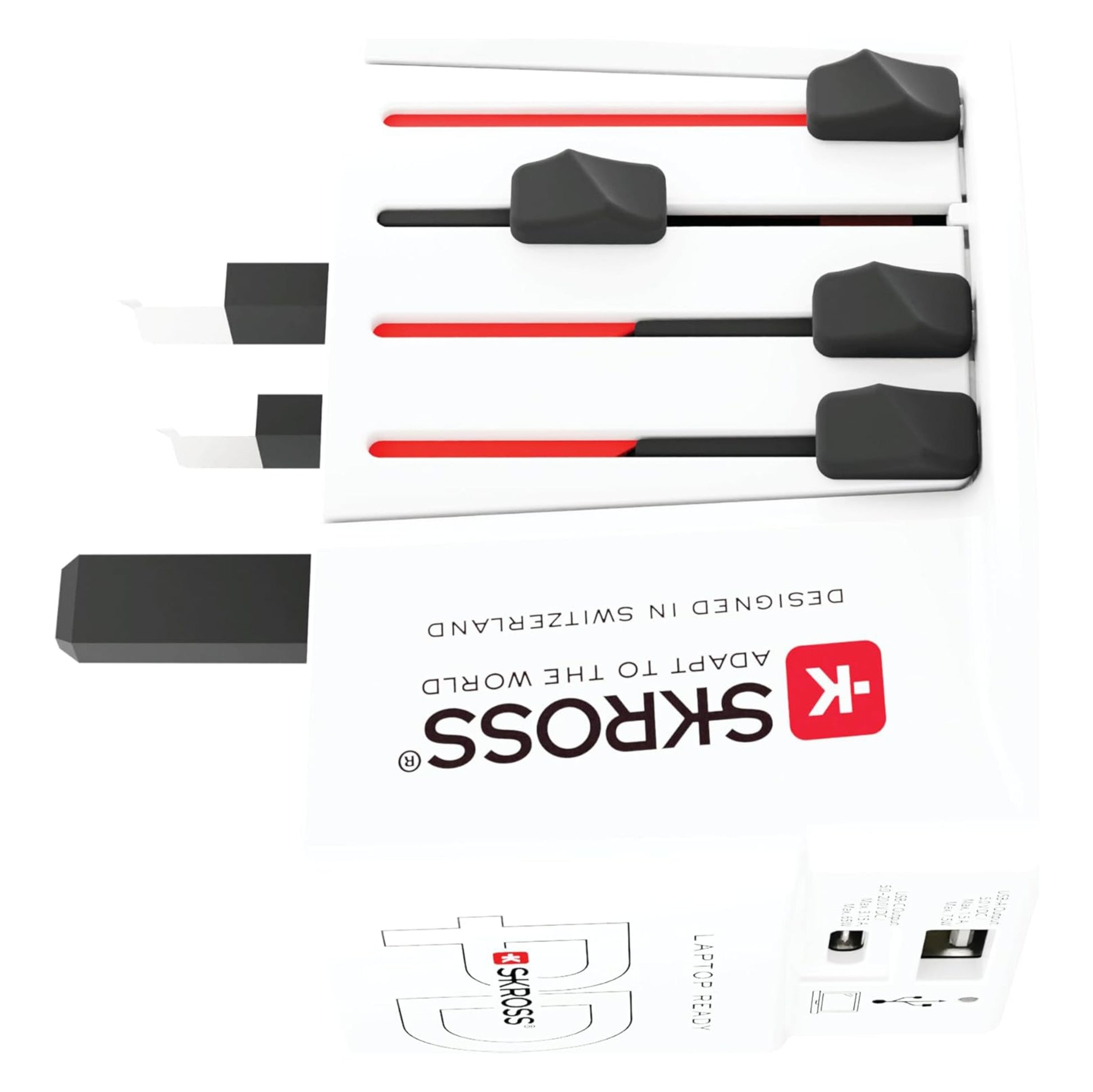 Skross Ujordet Universal rejseadapter med USB PD 65W flere stiktyper til brug i forskellige lande.