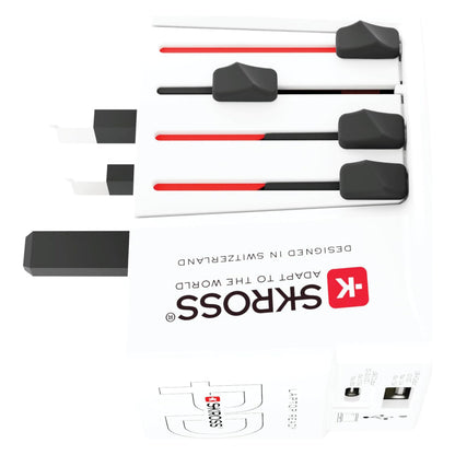 Skross Ujordet Universal rejseadapter med USB PD 65W flere stiktyper til brug i forskellige lande.