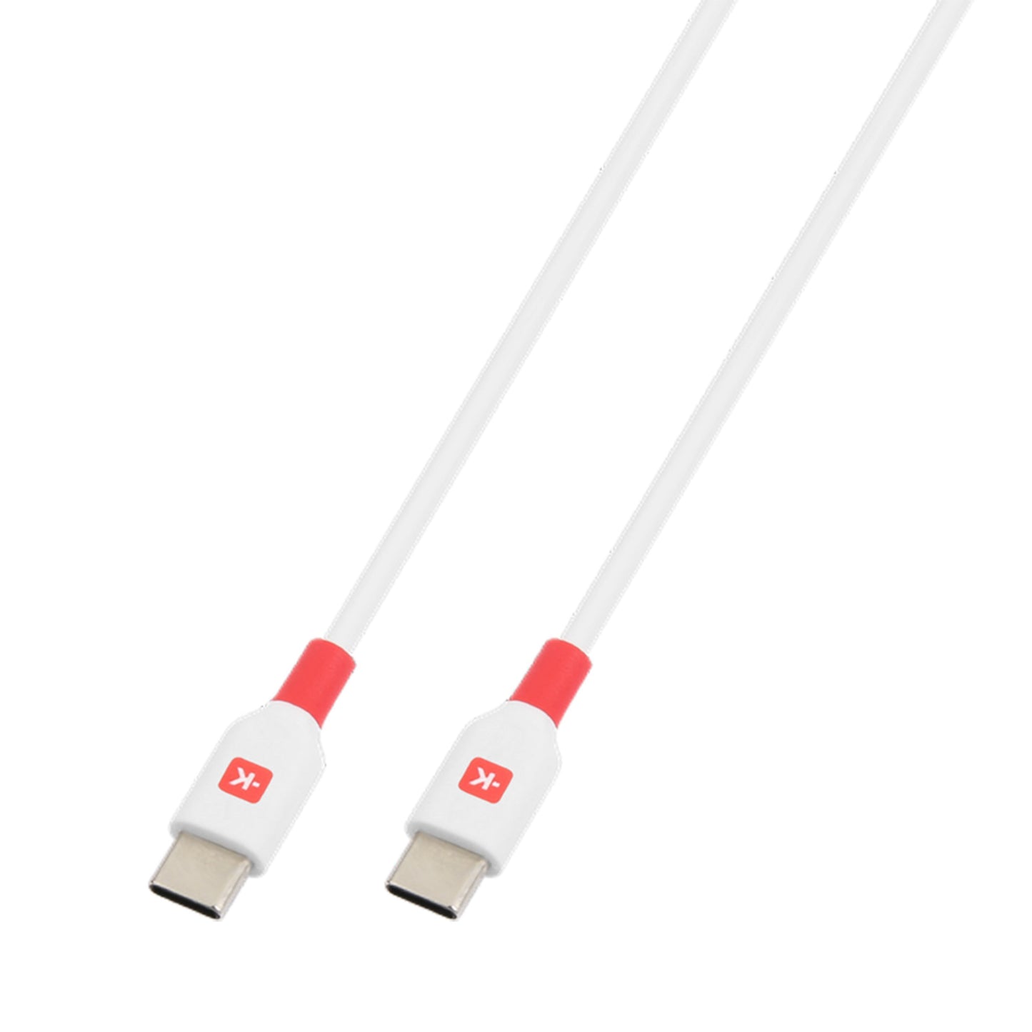 Hvid USB-C til USB-C kabel med rød og hvid stik samt K-logo, passer til Skross Ujordet rejseadapter Universal USB PD 65W.
