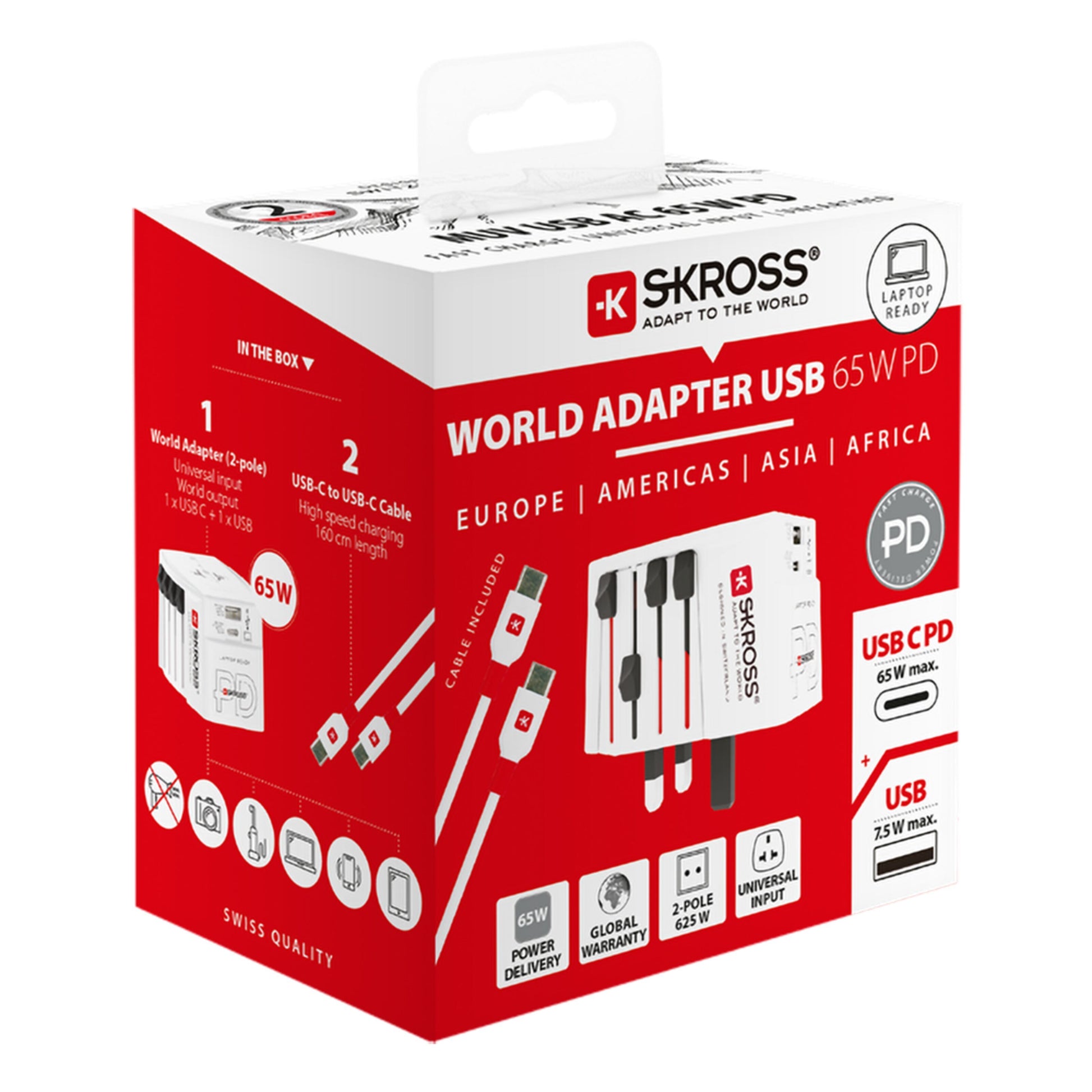 Skross Universal ujordet rejseadapter med USB PD 65W, stik til EU, Amerika, Asien, Afrika, Skross-logo og æskeinfo.