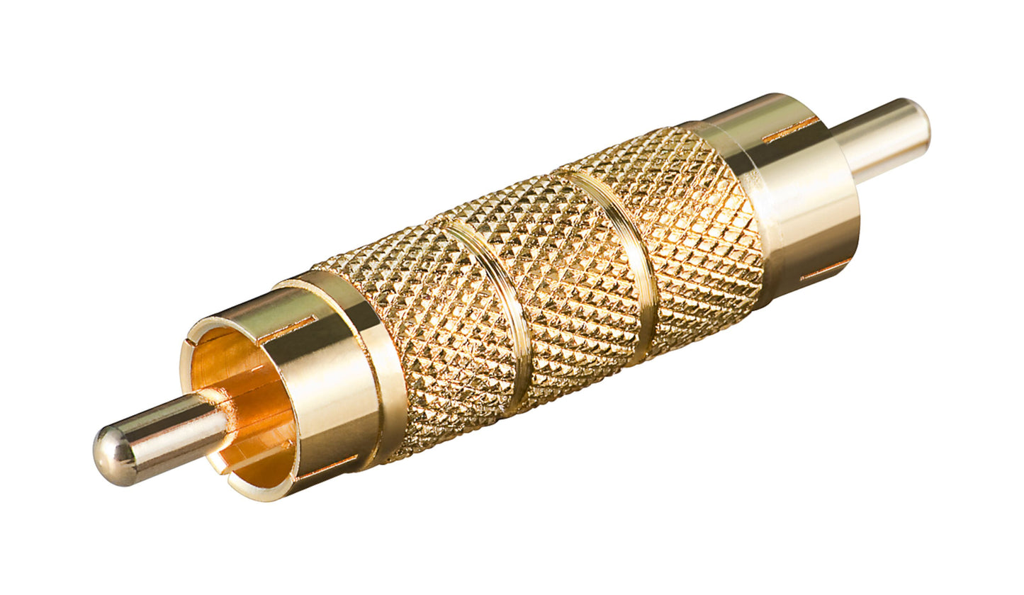 Dobbelt hanestik RCA adapter, guldfarvet med riller og forgyldte stik, begge ender standard RCA han-stik.