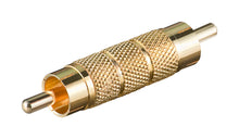 Dobbelt hanestik RCA adapter, guldfarvet med riller og forgyldte stik, begge ender standard RCA han-stik.