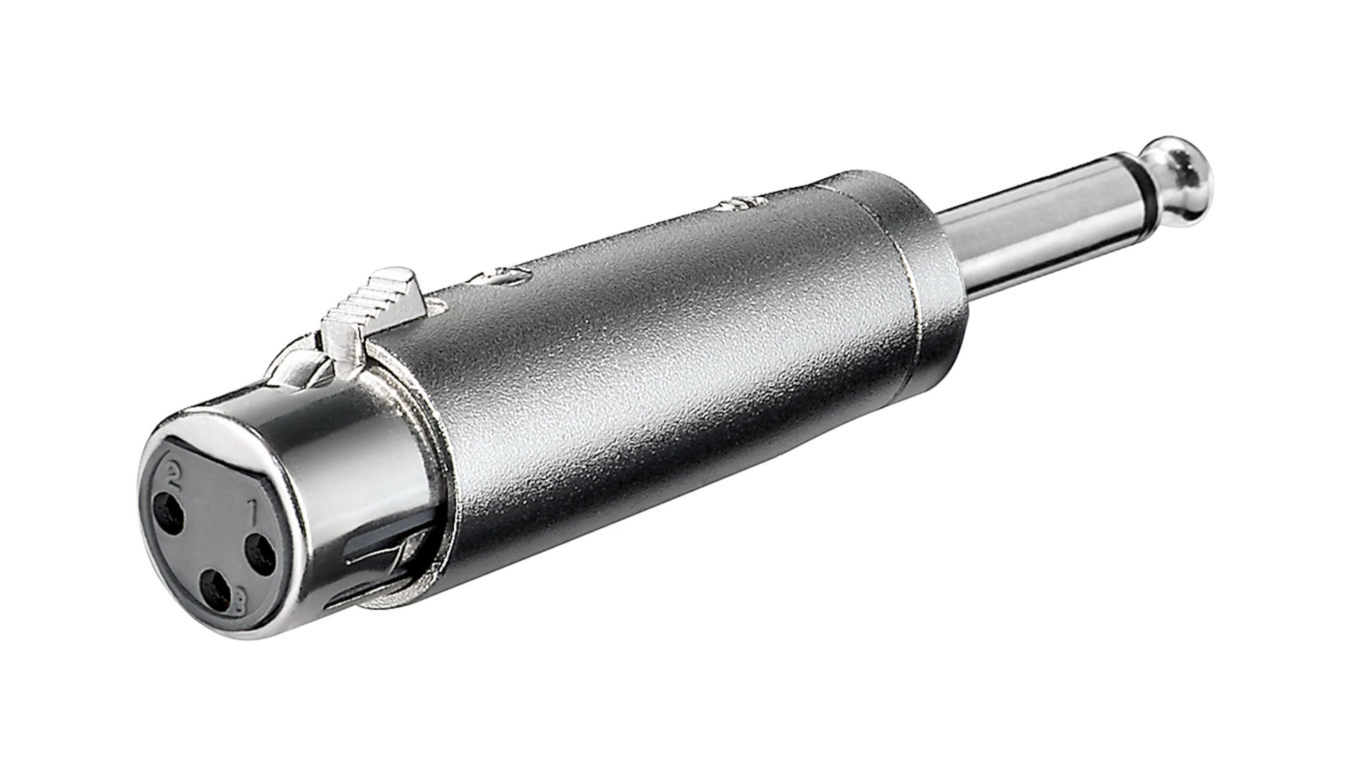 Adapter XLR-hun til 6,3 mm han, sølv, med XLR-hunstik og 6,3 mm mono jack-hanstik.