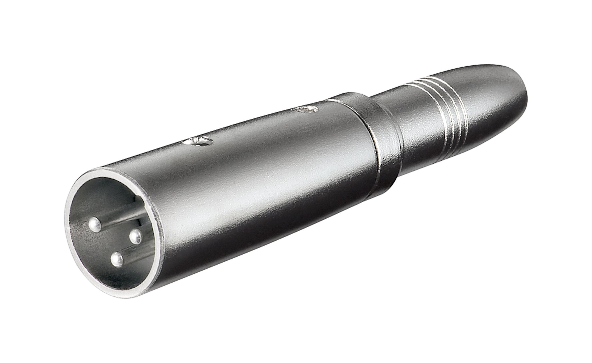 Adapter XLR han til 6,3 mm hun sølv, tre metalben, lydadapter egnet til mixer, tæt detalje af stik og kontakter.
