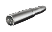 Adapter XLR han til 6,3 mm hun sølv, tre metalben, lydadapter egnet til mixer, tæt detalje af stik og kontakter.
