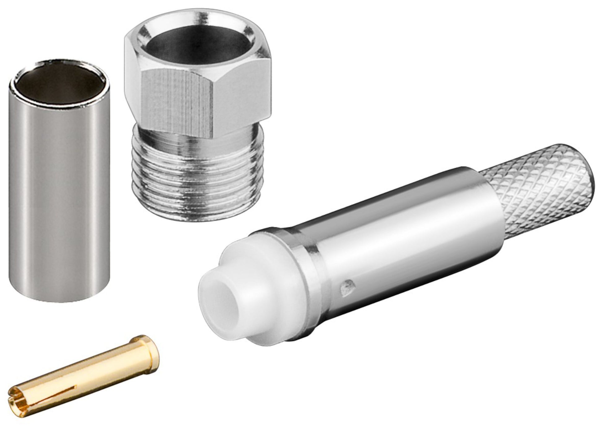 FME-kontakt Hun til RG58 kræmpling, sæt med 4 dele: gevindmøtrik, cylinderhylster, guldbelagt pin og stik med synlig flettet leder.