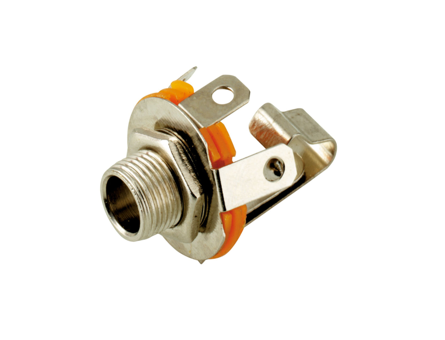 Goobay chassikontakt med skifter 6,3 mm mono jack, orange isolator, to loddeterminaler og switch-funktion.