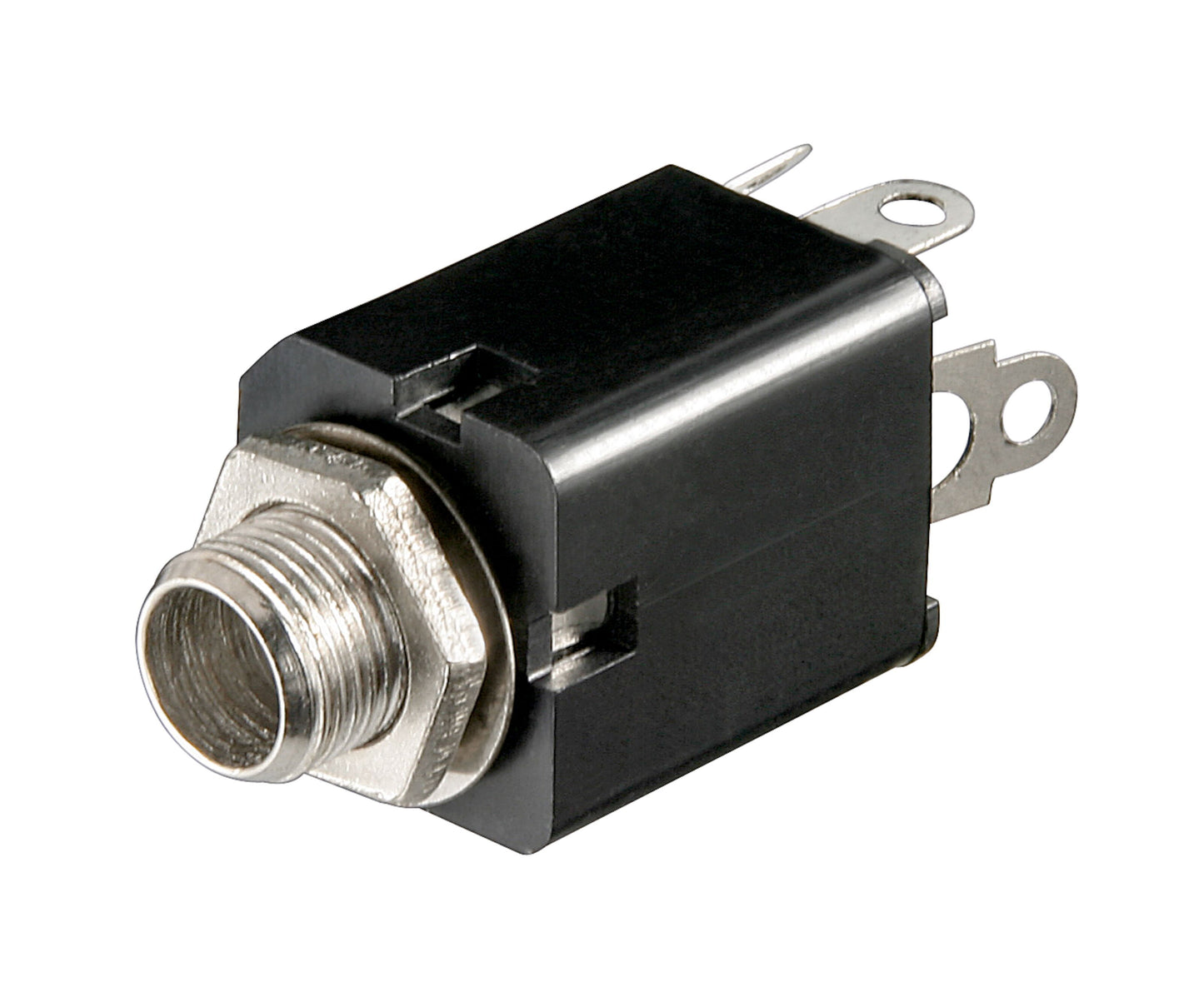 Goobay chassikontakt 6,3 mm stereo, metal gevindkrave, tre terminaler, sort plastkapsling.