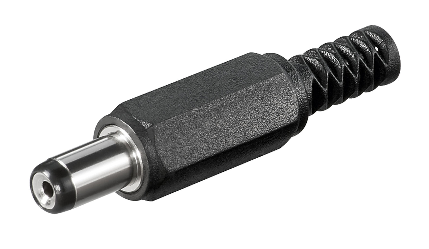 DC-stik til lodning 5,5x1,7x10 mm plastkabinet sølvfarvet metalspids egnet til DC-strømforsyning.