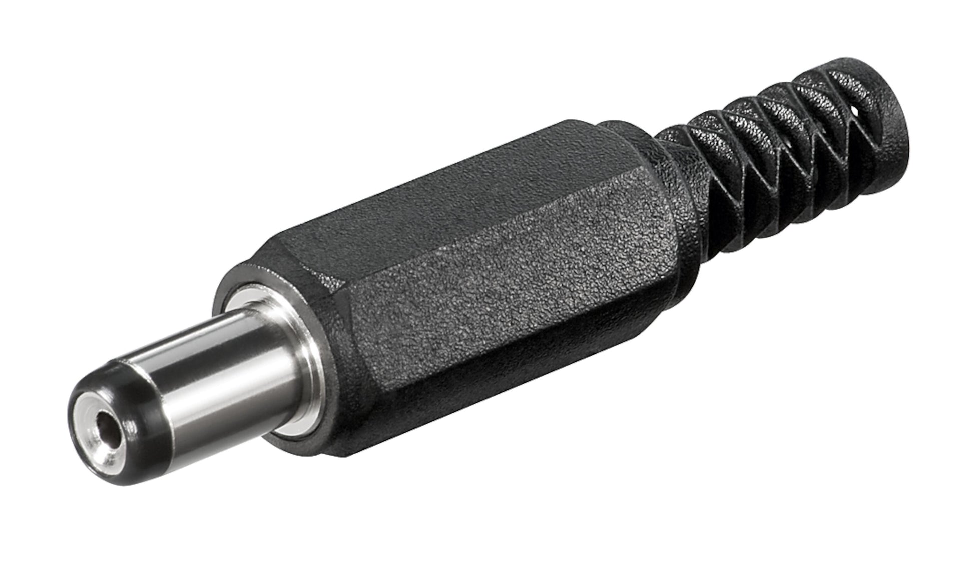 DC-stik til lodning 5,5x1,7x10 mm plastkabinet sølvfarvet metalspids egnet til DC-strømforsyning.