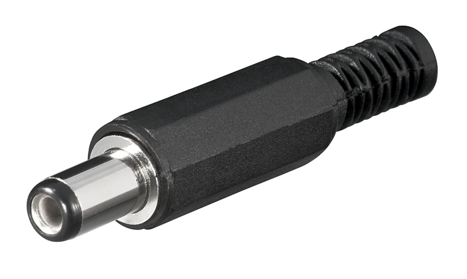 Goobay DC-stik med loddeforbindelse 5,5x2,1x9 mm sort/sølv cylinder metalspids rillet plastgreb til lavspænding.