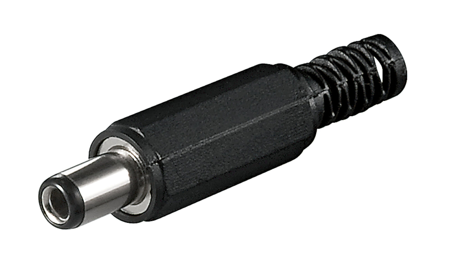 DC-stik med loddeforbindelse 5,5x2,5x9 mm sort/sølv til strømforsyning og lodning.