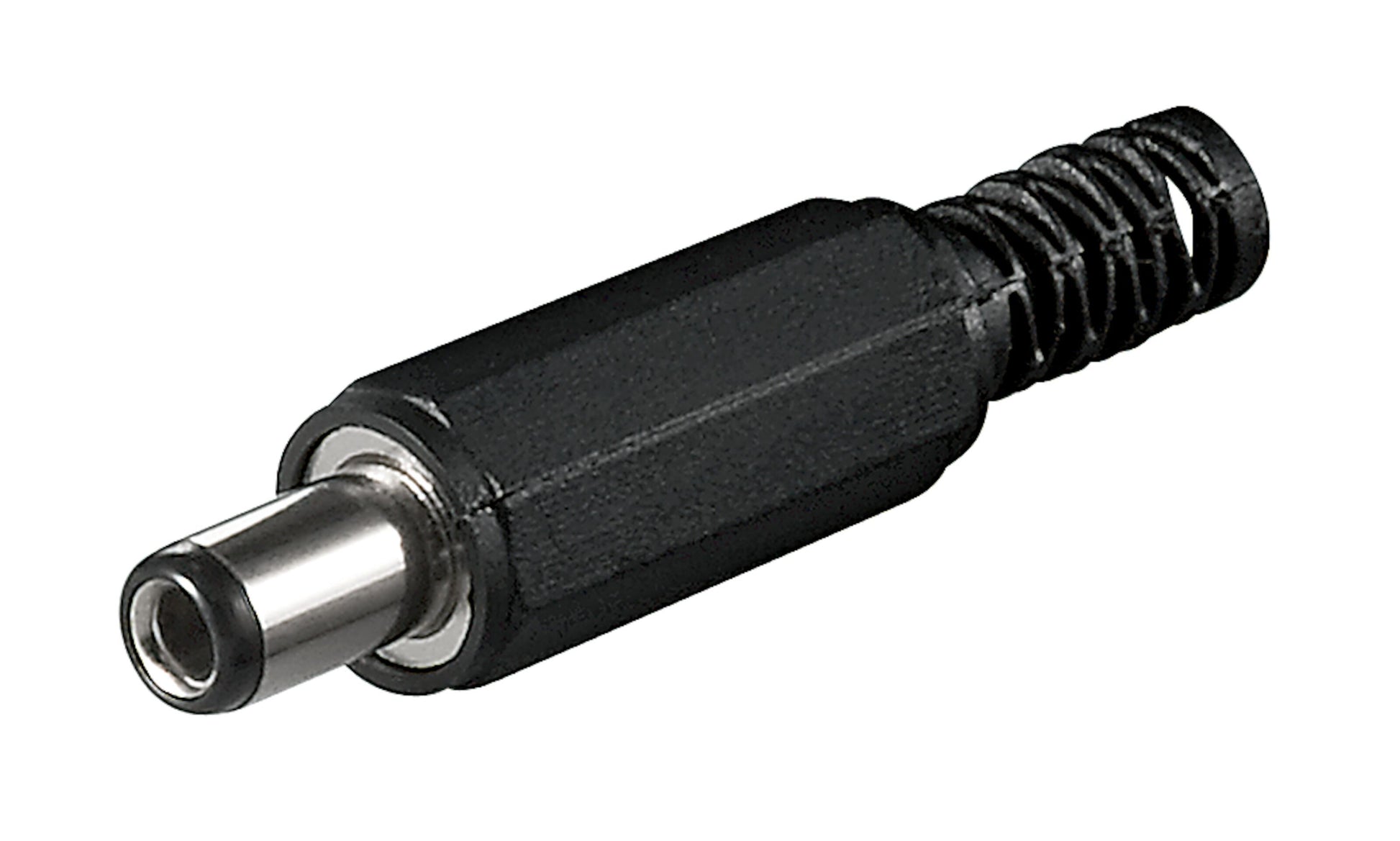 DC-stik med loddeforbindelse 5,5x2,5x9 mm sort/sølv til strømforsyning og lodning.