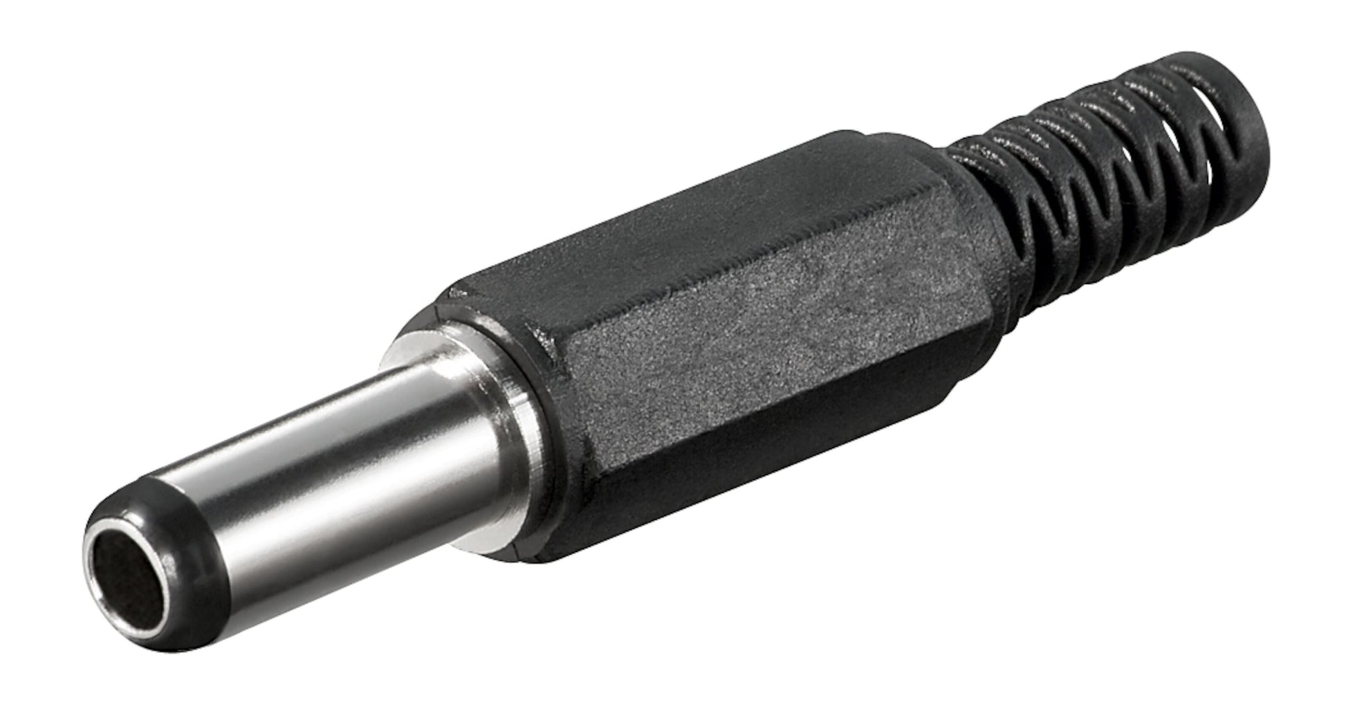 DC-stik med loddehylster 5,5x2,5x14 mm, sølvfarvet spids, sort isoleret hus og fleksibelt fjederudtræk.