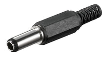 DC-stik med loddehylster 5,5x2,5x14 mm, sølvfarvet spids, sort isoleret hus og fleksibelt fjederudtræk.