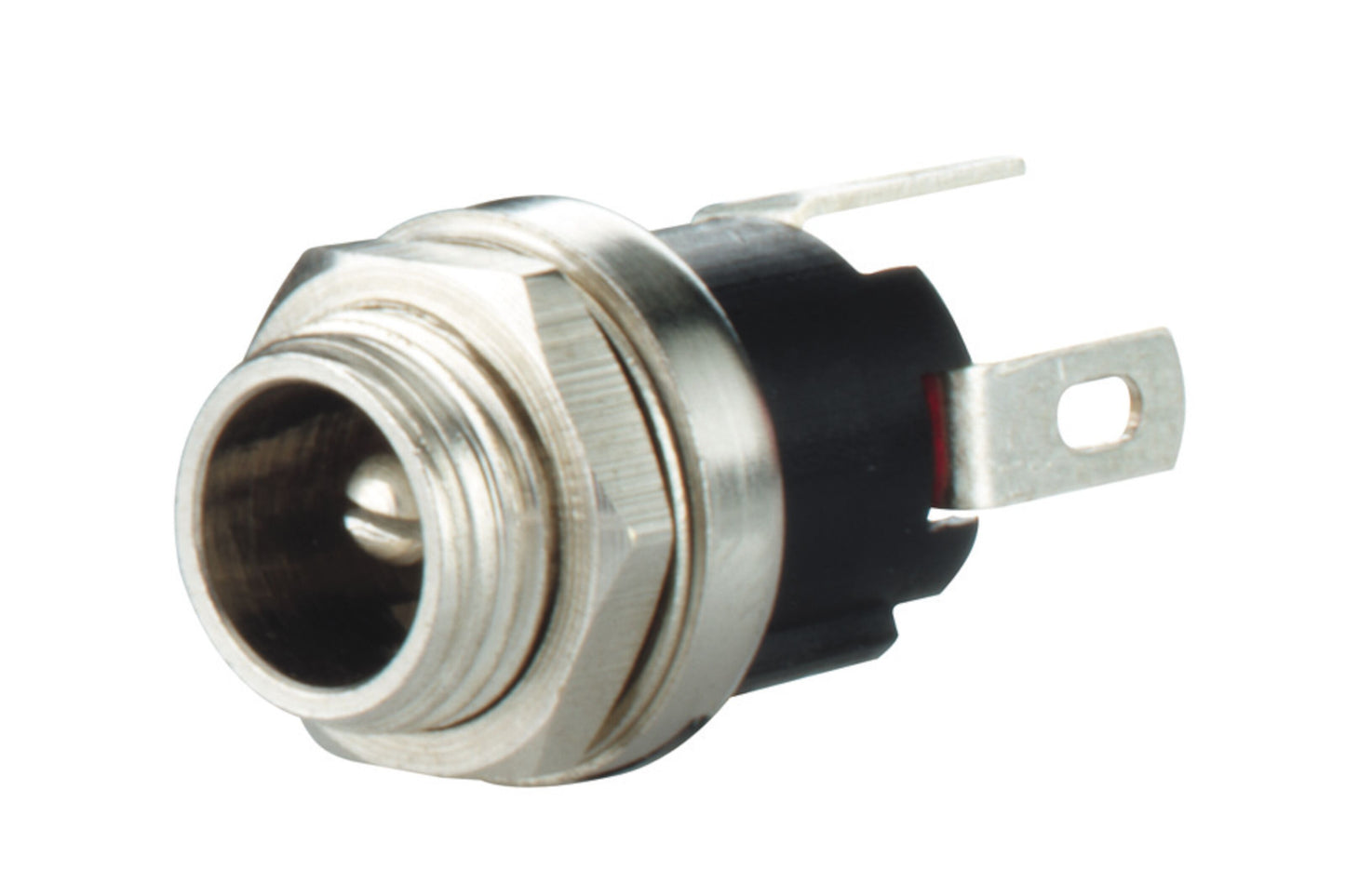 Goobay DC-stik hun til chassismontering 5,5/2,1 mm med gevindet cylinder og to flade metalterminaler.