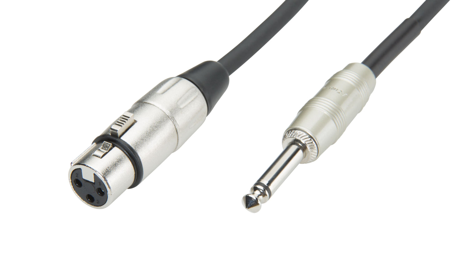 Mikrofonkabel XLR til 6,3 mm, 6 m, sort med sølv XLR hun og 6,3 mm TRS stik, sort kabel.