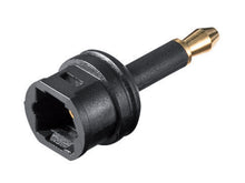 Adapter fra Toslink til Mini-Toslink, sort og guld, rektangulær port og rund guldbelagt stik, lydconnector.