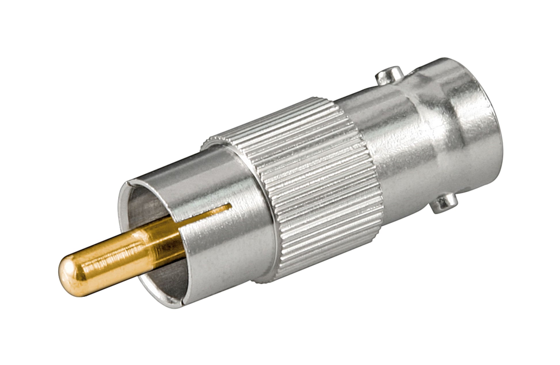 Adapter RCA-han til BNC-hun med guldbelagt RCA og sølv BNC-stik, egnet til lyd/video eller overvågningskameraer.