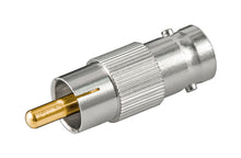 Adapter RCA-han til BNC-hun med guldbelagt RCA og sølv BNC-stik, egnet til lyd/video eller overvågningskameraer.