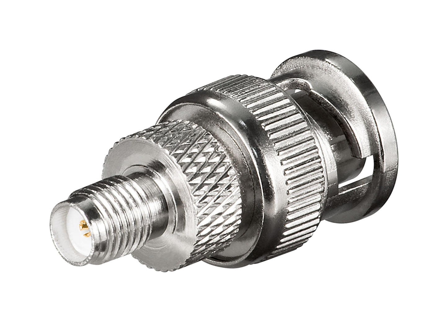 Goobay adapter SMA-hun til BNC-han, gevindforbindelser, rillet greb, blank finish, nærbillede.