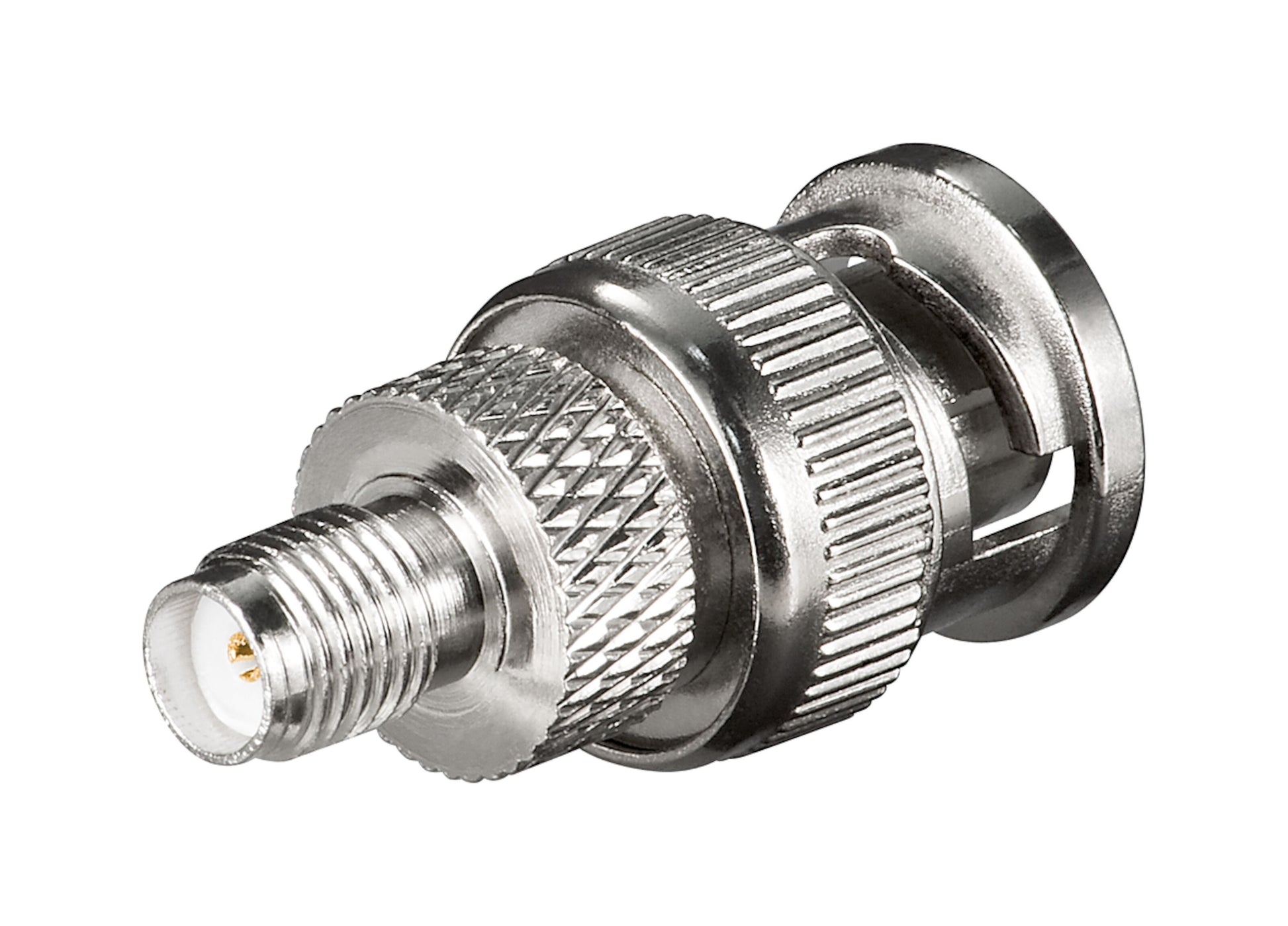 Goobay adapter SMA-hun til BNC-han, gevindforbindelser, rillet greb, blank finish, nærbillede.