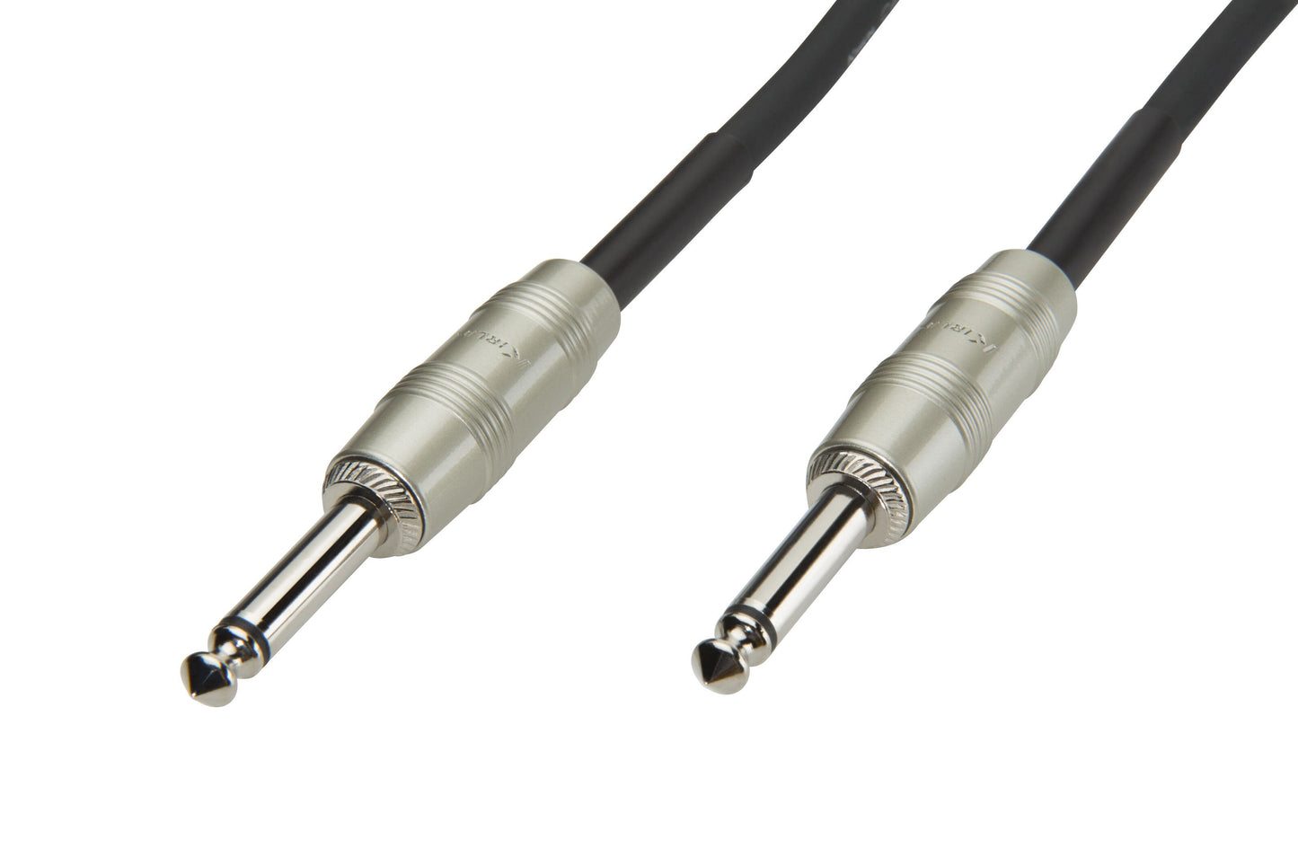 Luxorparts instrumentkabel 6,3 mm TS, sort, 10 m, sorte kabler med sølvfarvede stik, to styk side om side.