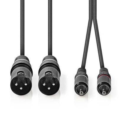 Sort 2x XLR han til 2x RCA han lydkabel, én RCA med rød ring, kablerne vist lodret.