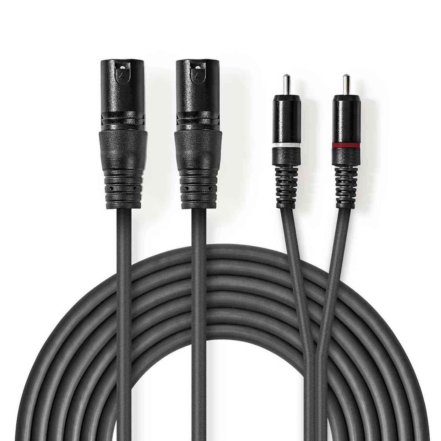 Lydkabel 2x XLR han til 2x RCA han, sort, én RCA markeret med rød ring, langt kabel.